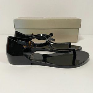 Melissa + Jason Wu Bow Thong Sandals Size 7 Black Rubber Jelly Flats Flip Flops